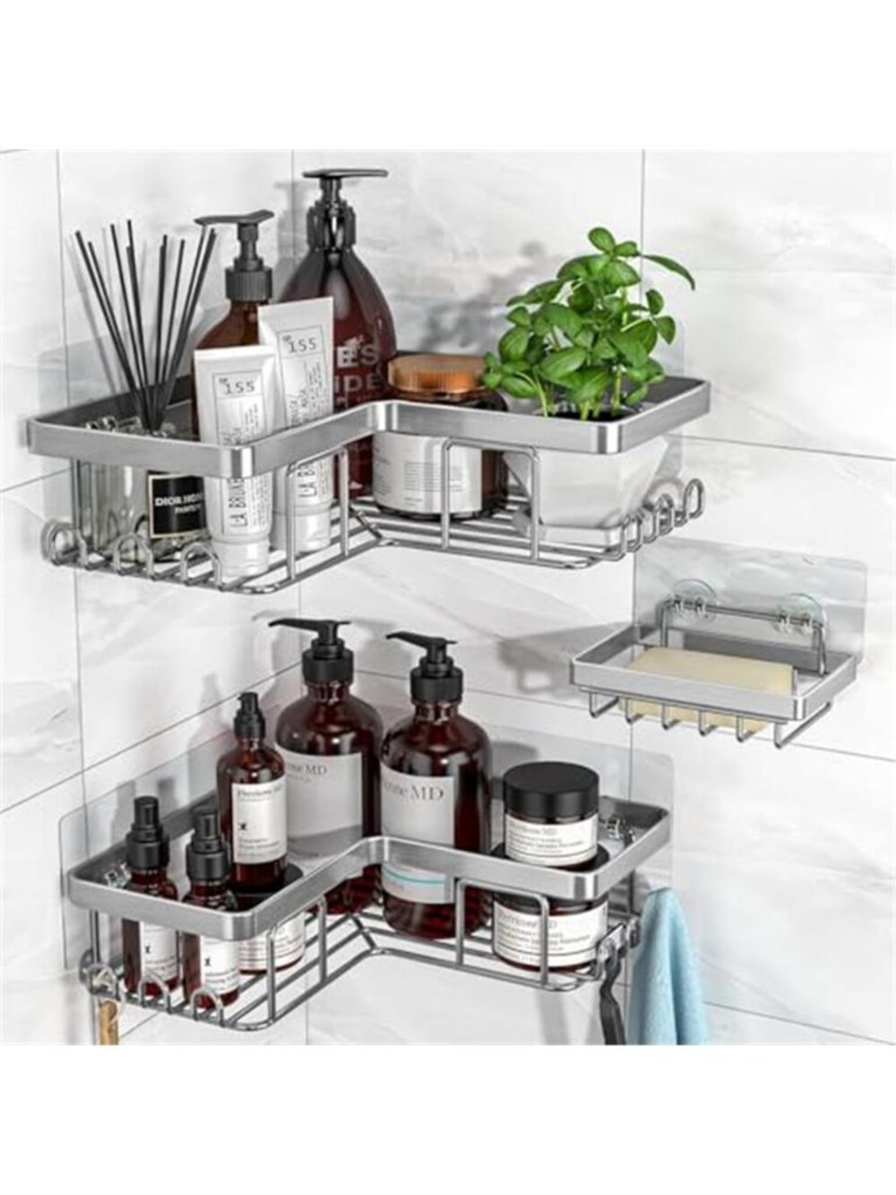 Corner Adhesive Shower Caddy, with Soap Holder and 12 Hooks, Rustproof Organizer